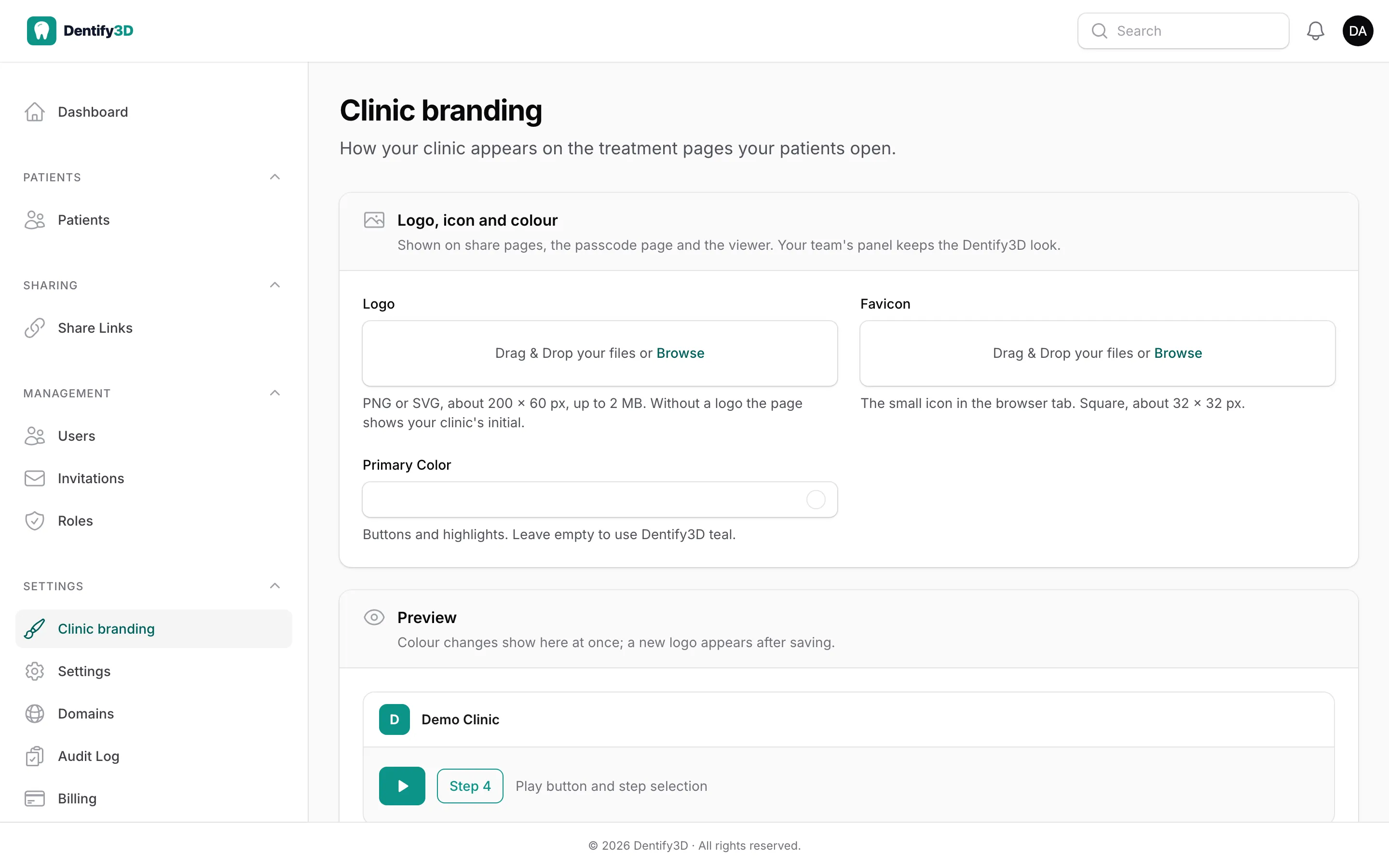 Clinic branding settings with logo, icon, colour and a live preview