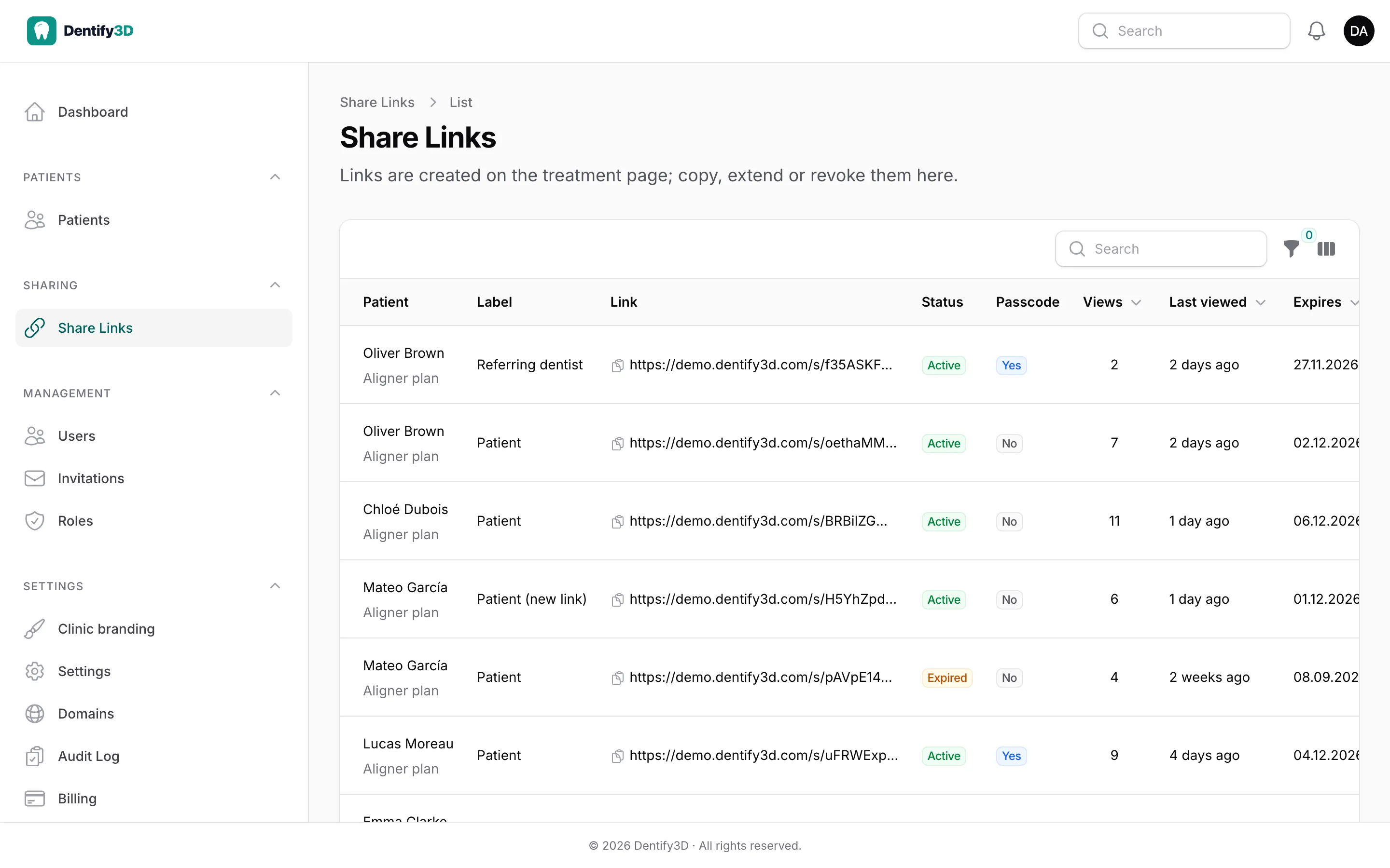 Share links with status, passcode, views, last visit and expiry